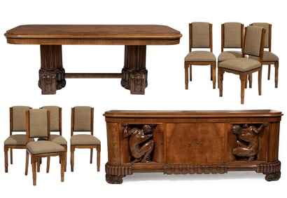 Art Deco Burl Walnut Dining Suite