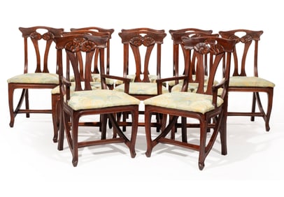 Set of Ten Art-Nouveau Carved Oak Dining Chairs