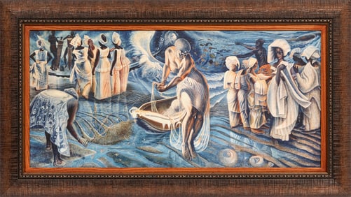 John Biggers, American/Texas 1924 -2001, ?Birth from the Sea?, giclee on canvas, 17 1/8 x 36 in.