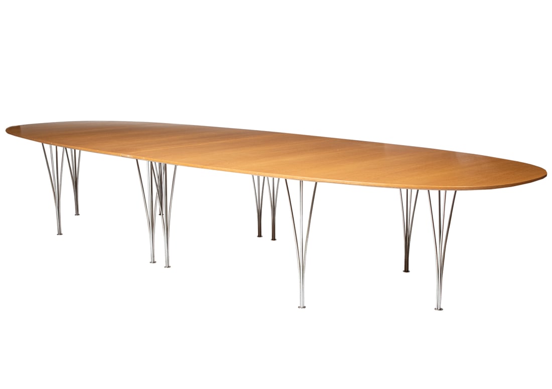 Bruno Mathsson & Piet Hein for Fritz Hansen "Super Ellipse" Table: Bruno Mathsson & Piet Hein for Fritz Hansen "Super Ellipse" Table1972, Denmark, stamped and labeled, two-part design, birch and chromed steel "span" legsProvenance: Billings Auctio