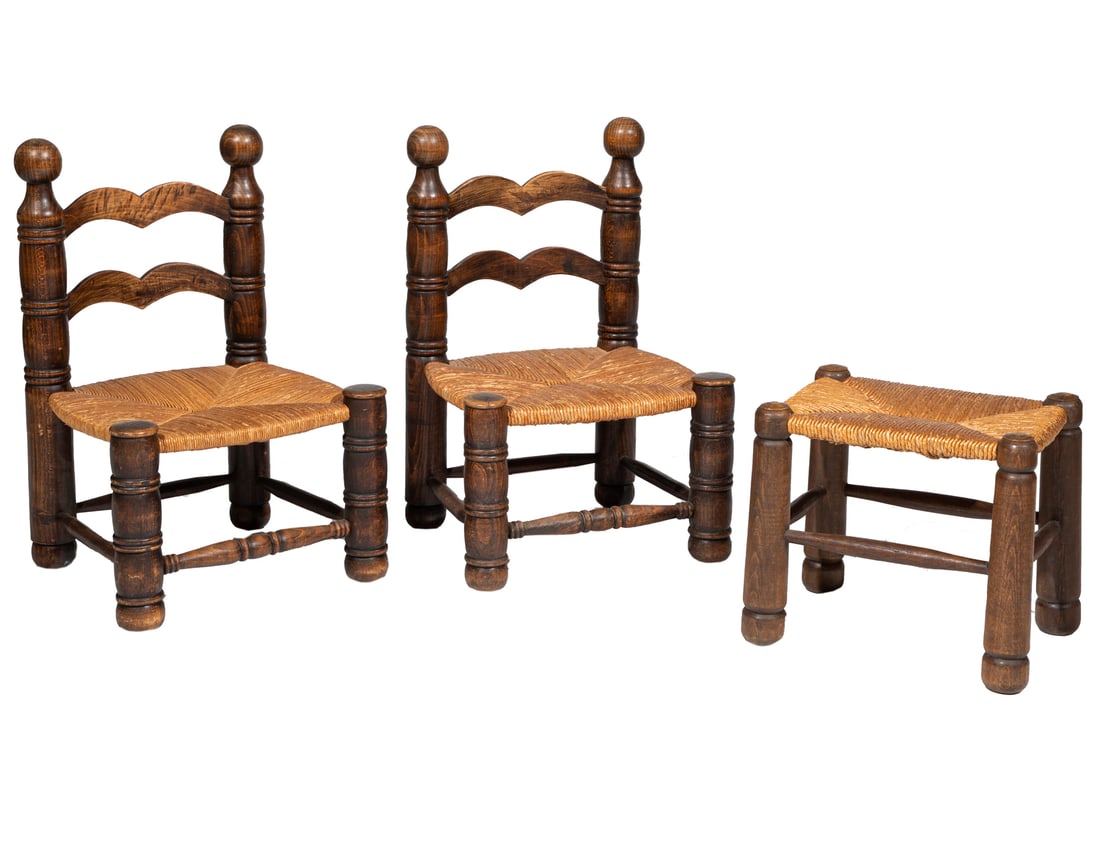 Attributed to Charles Dudouyt Child Chairs and Stool: Attributed to Charles Dudouyt Child Chairs and Stoolturned wood, rush seats, chairs h. 27 1/2 in., w. 16 3/4 in., d. 15 1/2 in., stool h. 14 1/2 in., w. 16 1/2 in., d. 13 in.Provenance: Katie Koch Hom