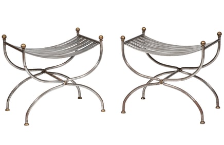 Pair of Contemporary Steel and Brass Curule Stools