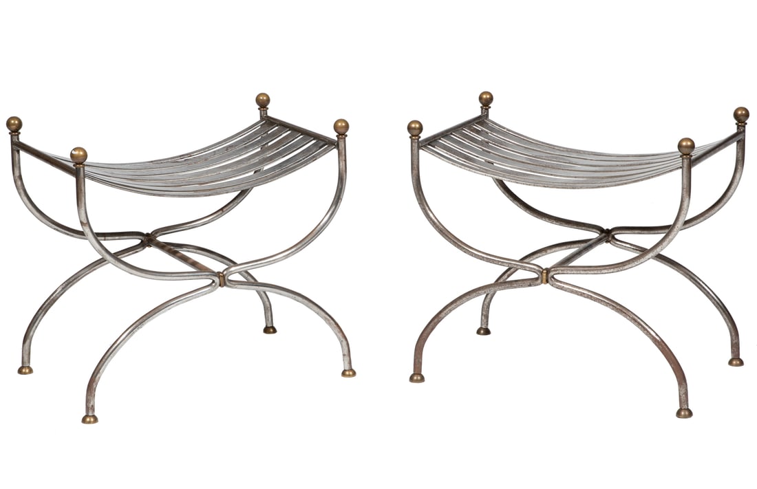 Pair of Contemporary Steel and Brass Curule Stools (1 of 3)