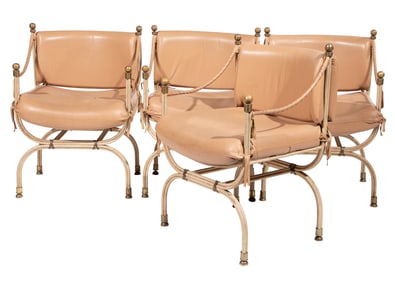 Four Steve Chase Leather and Brass Campaign Chairs