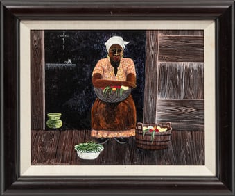 Marcel Stockmans, Belgian/Mississippi 1936-2009, ?Old Woman with Vegetables?, acrylic on masonite, 8