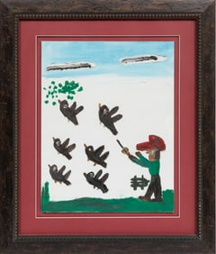 Clementine Hunter, American/Louisiana 1886-1988, "Bird Hunting", oil on canvas board mounted to