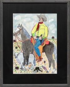 M.C. "5 Cent" Jones, American/Louisiana 1917-2003, "Cowboy", watercolor and pen on paper, 22 x 17