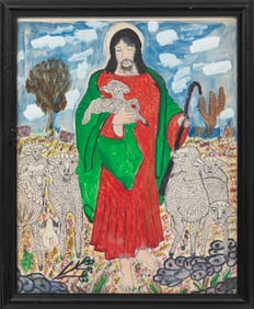 M.C. "5 Cent" Jones, American/Louisiana 1917-2003, "Jesus and the Lost Sheep", mixed media on paper,