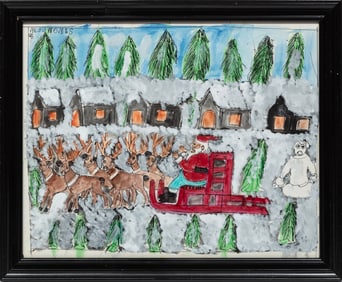 M.C. "5 Cent" Jones, American/Louisiana 1917-2003, "Santa and His Reindeer", watercolor and pen on
