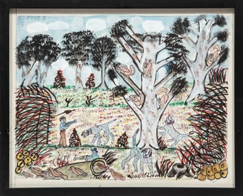 M.C. "5 Cent" Jones, American/Louisiana 1917-2003, "Squirrel Hunt", watercolor, pen and pencil on