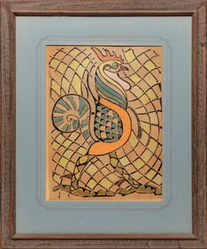 Walter Inglis Anderson, American/Mississippi 1903-1965, "Rooster (Pine Cone)", hand-colored linocut