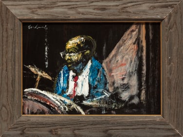 Noel Rockmore, American/Louisiana 1928-1995, ?Preservation Hall Drummer?, oil on masonite, 12 x 18