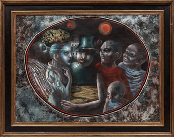 Noel Rockmore, American/Louisiana 1928-1995, ?The Nocturnal Banquet?, oil, collage and mixed media