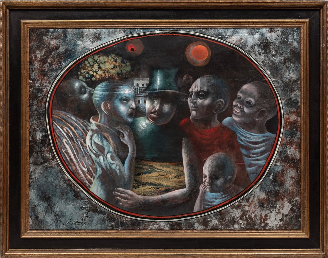 Noel Rockmore, American/Louisiana 1928-1995, ?The Nocturnal Banquet?, oil, collage and mixed media: Noel RockmoreAmerican/Louisiana, 1928-1995?The Nocturnal Banquet?oil, collage and mixed media on canvas1967, signed and dated lower left, "Shirley Marvin Collection" Certificate of Authentic