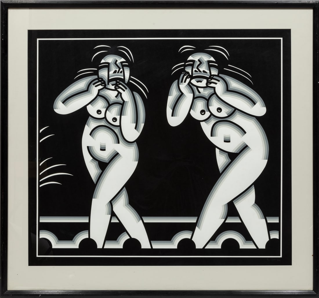 Robert Gordy, American/Louisiana 1933-1986, "Sister Act", silkscreen, Sheet: 32 x 35 3/8 in. (81.3 x: Robert GordyAmerican/Louisiana, 1933-1986"Sister Act"silkscreen1977, signed lower right, numbered "45/65" lower left, framed.Sheet: 32 x 35 3/8 in. (81.3 x 89.9 cm.), Frame: 39 1/2