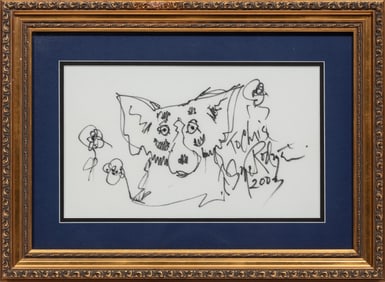 George Rodrigue, American/Louisiana 1944-2013, ?Blue Dog with Flowers?, marker on cloth napkin,