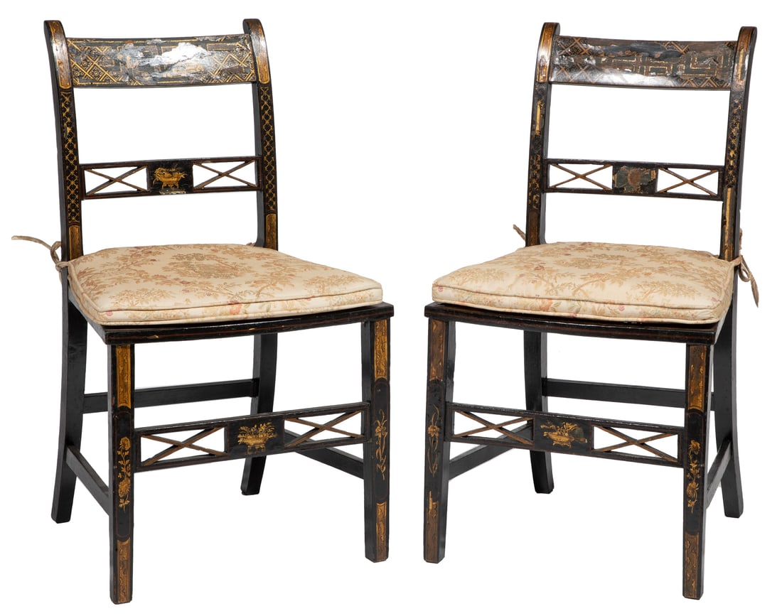 Pair of English Gilt and Painted Chinoiserie Sidechairs