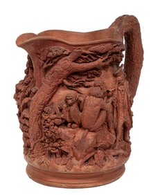 Antique Stoneware Pitcher with Relief of Monkeys in 18th c. Dress