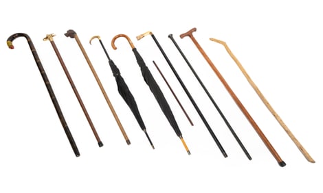 Group of Ten Canes and Umbrellas
