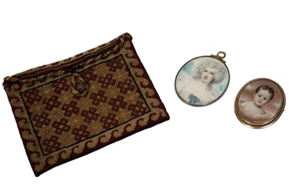 Two Miniature Portraits and Needlepoint Bag