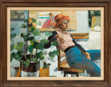 American School 20th c., "Seated Woman in Hat?, oil on canvas