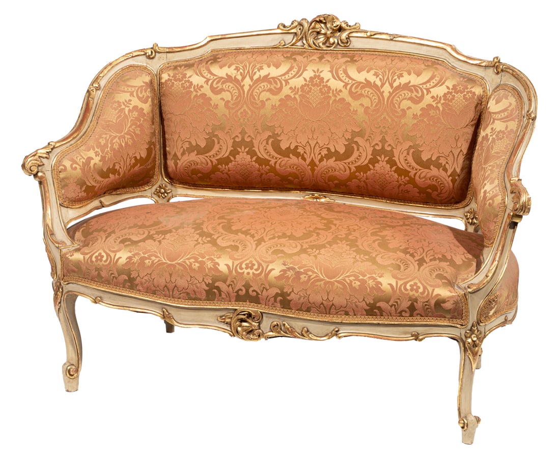 Louis XV-Style Parcel Gilt and Painted Canape: Louis XV-Style Parcel Gilt and Painted Canape, 19th c., later surface, C-scroll crest, molded crest rail, padded wings, conforming seat rail, cabriole leg, scrolled toes33 x 47 x 25 in. (83.8 x 119.4