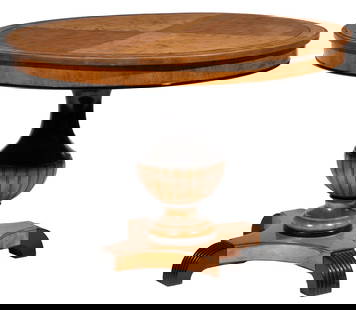 Biedermeier-Style Fruitwood and Ebonized Center Table: Biedermeier-Style Fruitwood and Ebonized Center Table, 20th c., segmented molded top, vasiform standard, molded plinth base, down turned reeded ebonized feet29 x 39 1/2 in. (73.7 x 100.3 cm.) Ida Manh