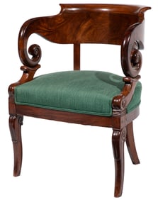 French/English Neoclassical Carved Mahogany Barrel Back Armchair