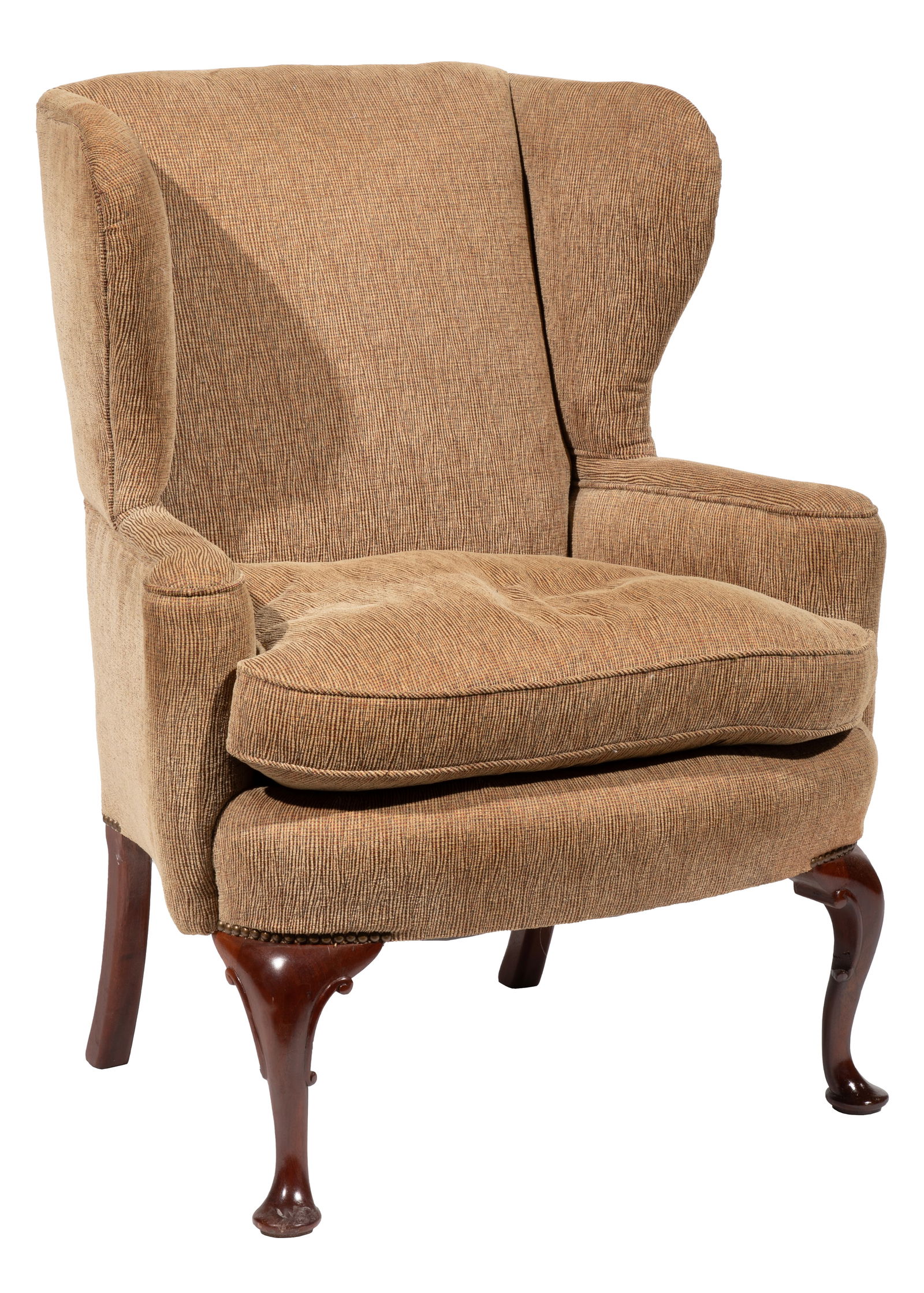 Queen Anne-Style Carved Mahogany Wing chair: Queen Anne-Style Carved Mahogany Wing chair, benchmade at Manheim Antique Gallery, New Orleans,, padded wings, out swept arms, cabriole legs, pad feetIda Manheim Antiques, 409 Royal St., New Orleans.