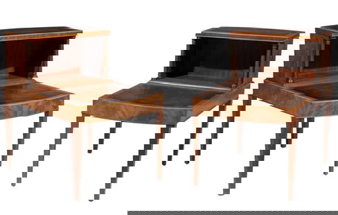 Pair of Georgian-Style Inlaid Mahogany Side tables: Pair of Georgian-Style Inlaid Mahogany Side tables, 20th c., made by Weiman, Stamped Heirloom Weiman 7502, tooled leather surfaces, open shelf, columnar supports, square tapered legs.28 x 20 x 29 in.