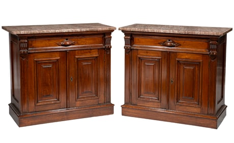 Pair of American Renaissance-Style Carved Walnut Washstands