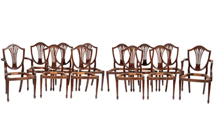 Set of Twelve Hepplewhite-Style Carved Mahogany Dining Chairs