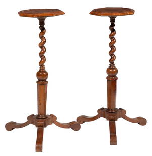Pair of Barque-Style Carved Walnut Candle Stands: Pair of Barque-Style Carved Walnut Candle Stands, 19th c., molded octagonal tops, barley twist standard, tripod base