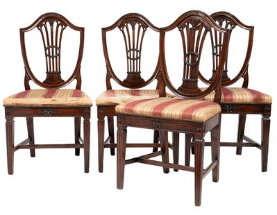 Set of Four Georgian-Style Carved Walnut Dining Chairs: Set of Four Georgian-Style Carved Walnut Dining Chairs, 19th c., shield back, pierced carved splat, nailhead upholstery, fluted tapered legs, H-form stretcher39 x 21 x 17 in. (99.1 x 53.3 x 43.2 cm.)