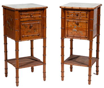 Pair of French Paint Decorated Faux Bamboo Nightstands: Pair of French Paint Decorated Faux Bamboo Nightstands, late 19th/ early 20th c., molded inset marble tops, foliate decor, frieze drawer, turned supports, molded shelf, en suite with previous faux bam