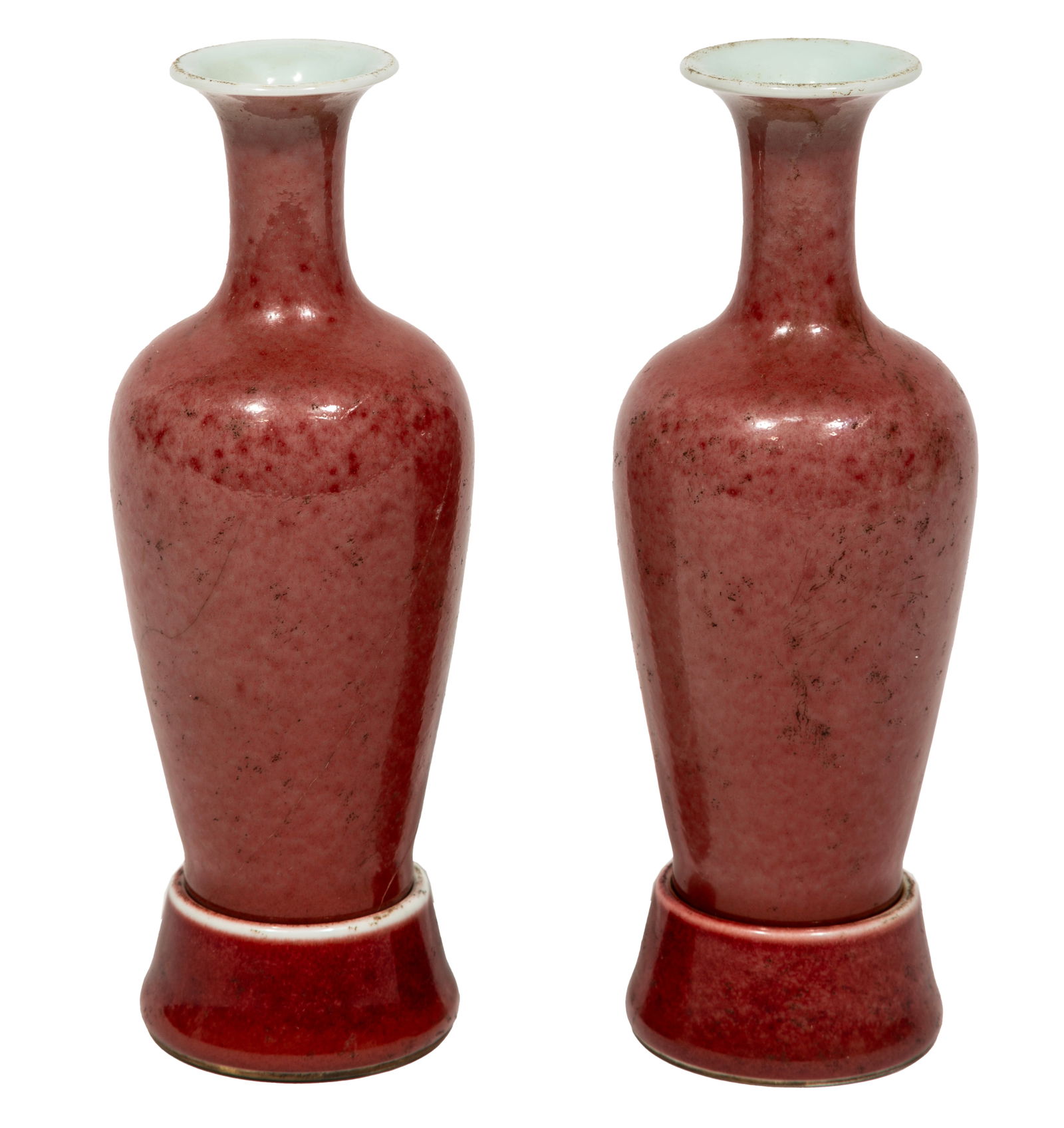 Pair of Chinese Peachbloom Glazed Porcelain Amphora Vases on Stands: Pair of Chinese Peachbloom Glazed Porcelain Amphora Vases on Stands, overall mottled copper red glaze, bases with Kangxi marks,h. 6 3/4 in.