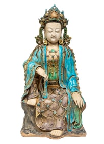 Large Chinese Wucai and Biscuit Glazed Pottery Figure of Guanyin