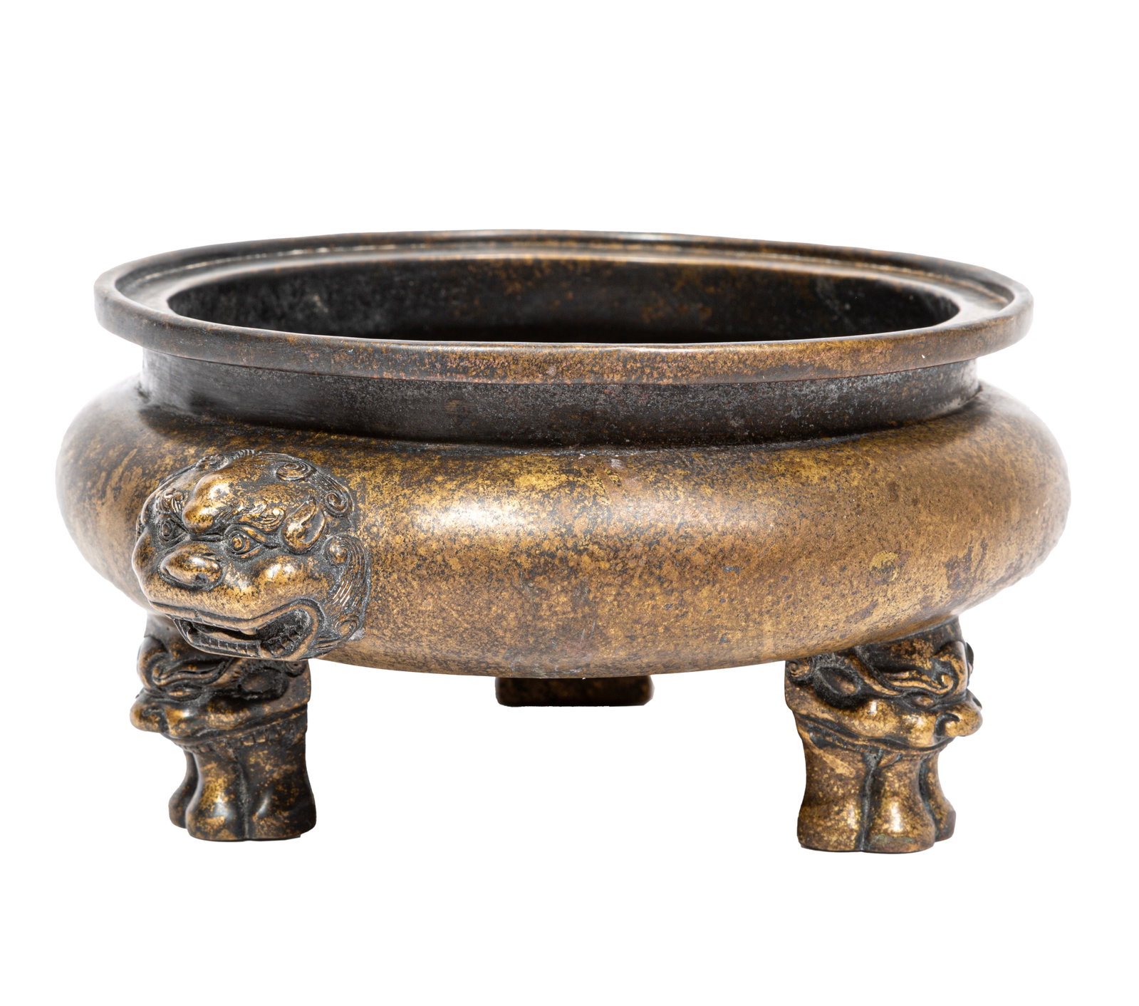 Chinese Bronze Tripod Censer: Chinese Bronze Tripod Censer, , waisted rim, compressed globular body with mask handles, lion's mask feet, base with apocryphal Xuande mark, . h. 4 3/8 in., w. 10 1/4 in., d. 9 in.