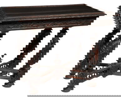 English Baroque-Style Carved Oak Side Table: English Baroque-Style Carved Oak Side Table, 19th c. and later, molded top, foliate carved frieze, figural supports, spindled X-form stretcher, turned feet28 x 36 x 22 in. (71.1 x 91.4 x 55.9 cm.)