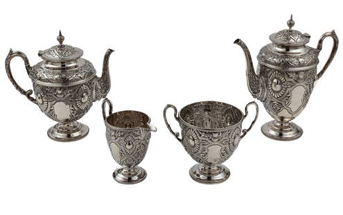 English Edwardian Silverplate Coffee and Tea Service, 4 pcs.: English Edwardian Silverplate Coffee and Tea Service, 4 pcs.Walker & Hall, Sheffield, mark for 1891-1909, 4 pcs., incl. coffee pot, teapot, open sugar and creamer, footed forms with cabochon and thist