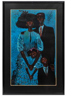 Geoffrey Lamont Holder, Trinidadian/New York 1930-2014, ?Family in Blue?, lithograph: Geoffrey Lamont HolderTrinidadian/New York, 1930-2014?Family in Blue?lithograph1994, signed, dated and numbered "HC 20/25" lower left, framed.Sight: 35 1/2 x 22 3/4 in. (90.2 x 57.8 cm.), Frame: 48 x