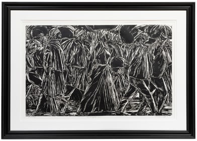 Maxwell Taylor, Bahamian b. 1939, ?The Immigrants No. 2?, woodcut
