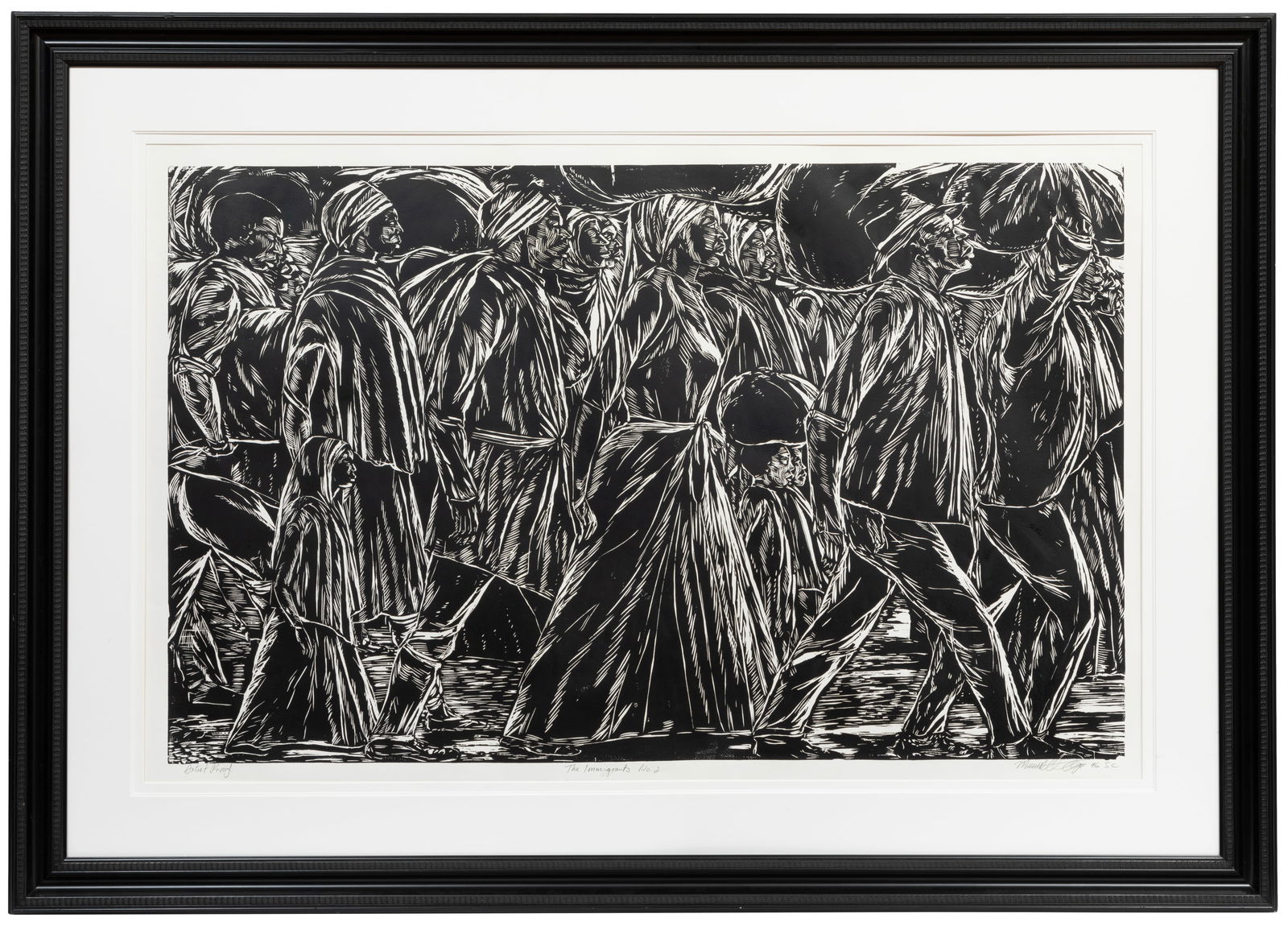 Maxwell Taylor, Bahamian b. 1939, ?The Immigrants No. 2?, woodcut (1 of 3)