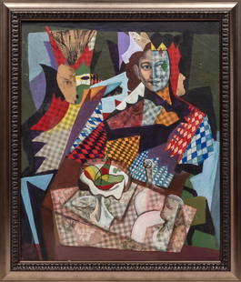 American School 20th c., ?At the Table?, mixed media on canvas: American School 20th c.?At the Table?mixed media on canvaspencil-signed "Jose" lower right, framed.36 x 30 in. (91.4 x 76.2 cm.), Frame: 41 3/4 x 35 3/4 x 1 1/4 in. (106 x 90.8 x 3.2 cm.)