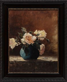American School 20th c., "White Roses", oil on canvas laid on board
