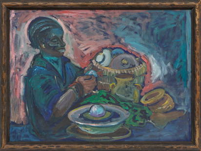 American School 20th c., ?Ceramicist?, oil on canvas: American School 20th c.?Ceramicist?oil on canvasunsigned, framed.22 x 30 in. (55.9 x 76.2 cm.), Frame: 24 1/2 x 32 1/2 x 1 1/4 in. (62.2 x 82.6 x 3.2 cm.)