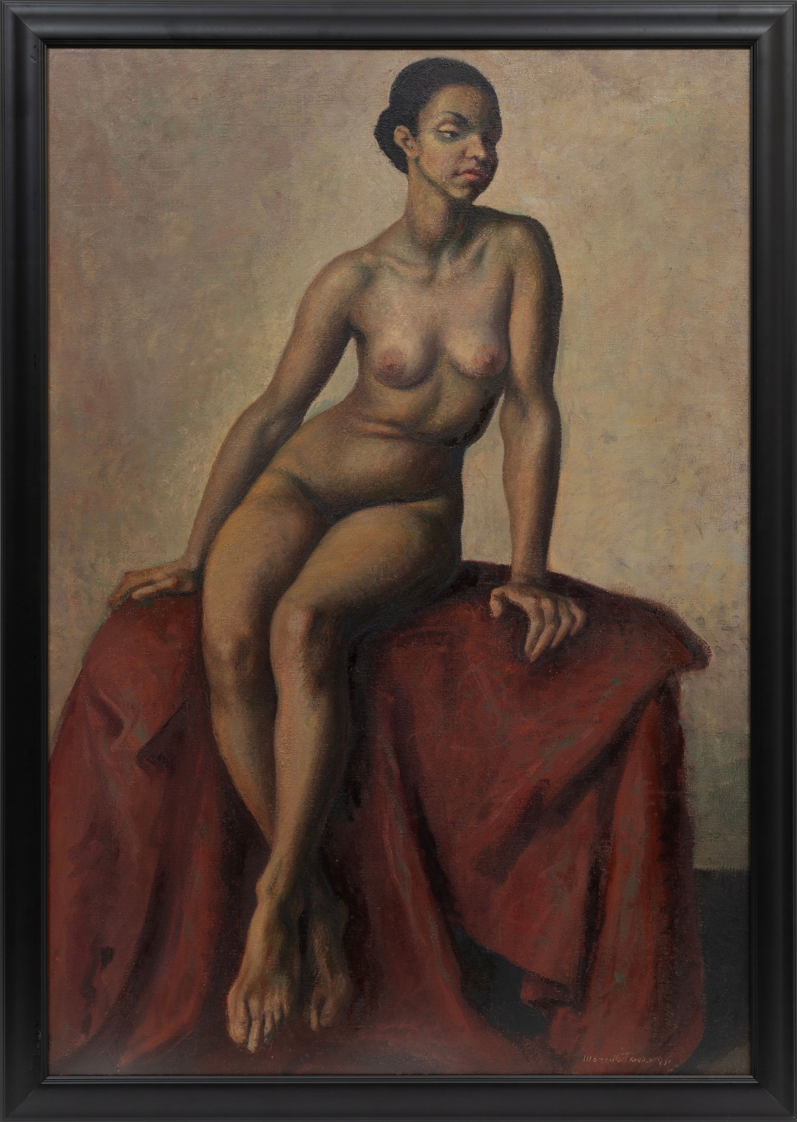 Marcello Tommasi, Italian 1928-2008, "Seated Nude", oil on canvas laid on foamcore: Marcello TommasiItalian, 1928-2008?Seated Nude?oil on canvas laid on foamcoresigned lower right, framed.43 x 29 1/2 in. (109.2 x 74.9 cm.), Frame: 46 3/4 x 33 1/4 x 1 in. (118.7 x 84.5 x 2.5 cm.)