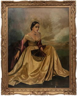 Continental School 19th c., ?Portrait of a Young Lady?, oil on canvas laid on foamcore: Continental School 19th c.?Portrait of a Young Lady?oil on canvas laid on foamcoreillegibly signed lower right, framed.44 x 34 1/8 in. (111.8 x 86.7 cm.), Frame: 50 1/2 x 40 1/4 x 2 in. (128.3 x 102.2