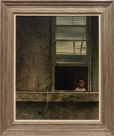 Paul Collins, American/Michigan b. 1936, ?Boy at the Window?, oil on masonite