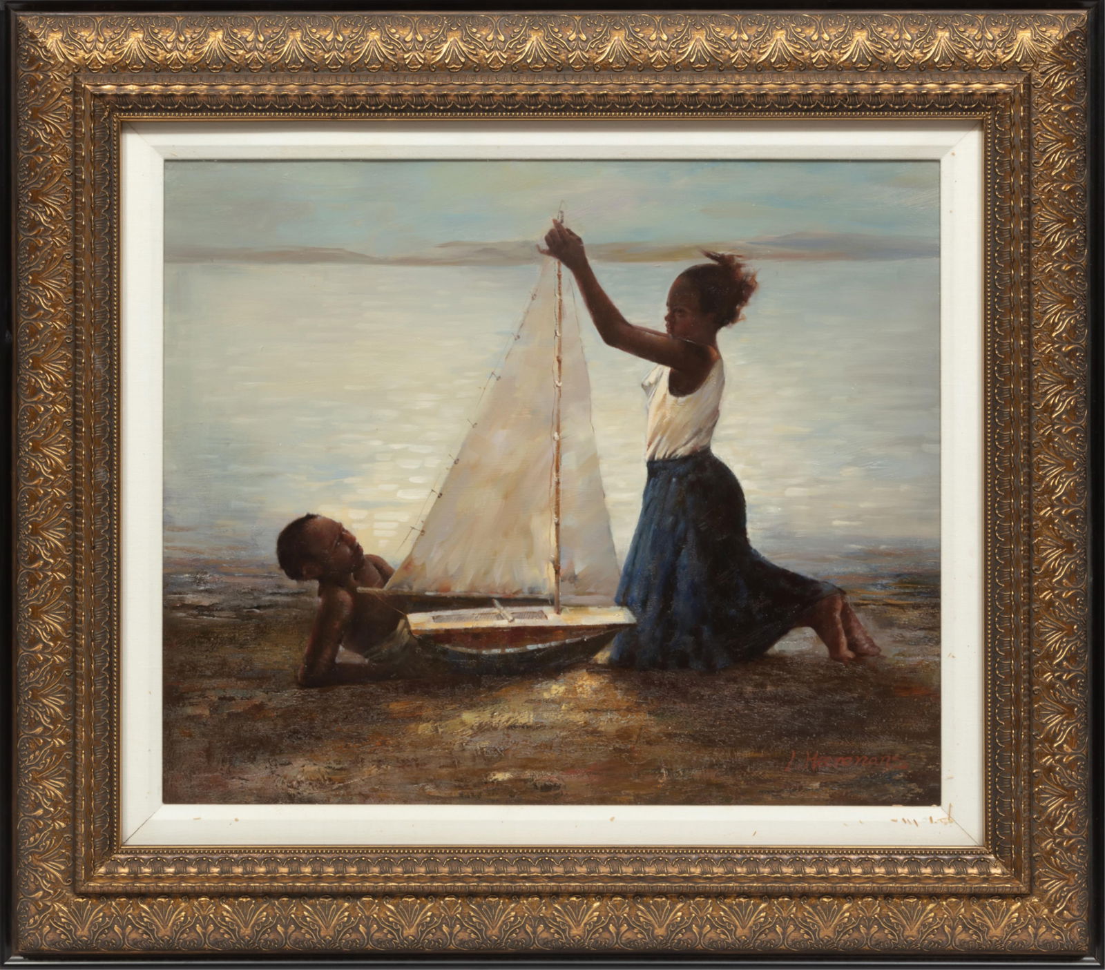 After Stephen Scott Young, American/Hawaii b. 1957, ?Setting Sails?, oil on canvas: After Stephen Scott YoungAmerican/Hawaii, b. 1957?Setting Sails?oil on canvassigned ?L. Heeranans? lower right, printed label on reverse of frame, framed.20 x 24 in. (50.8 x 61 cm.), Frame: 29 3/4 x 3